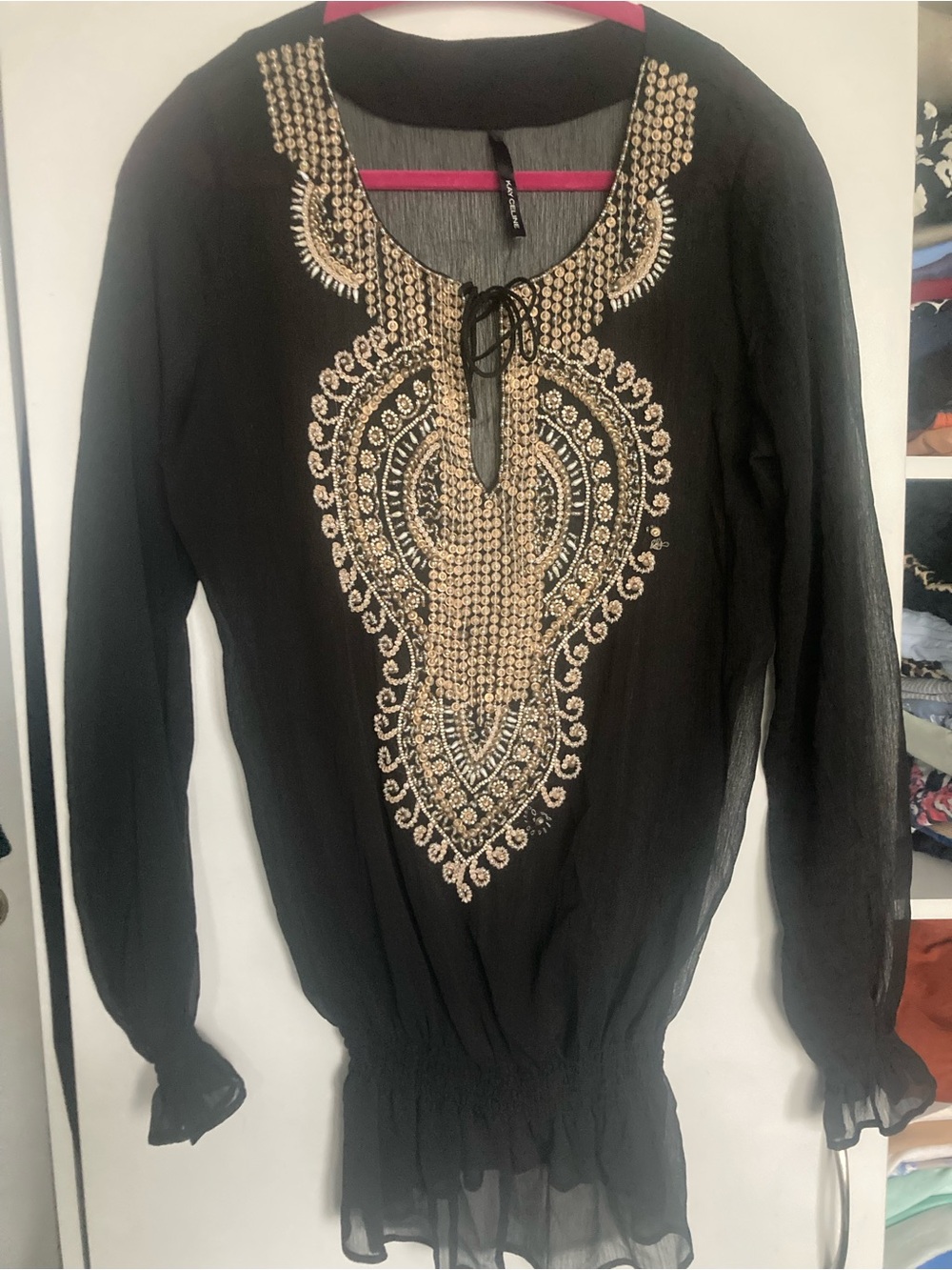 Black  Beige Embellished Sheer Long-Sleeve Blouse Tunic Kay Celine size M flaws